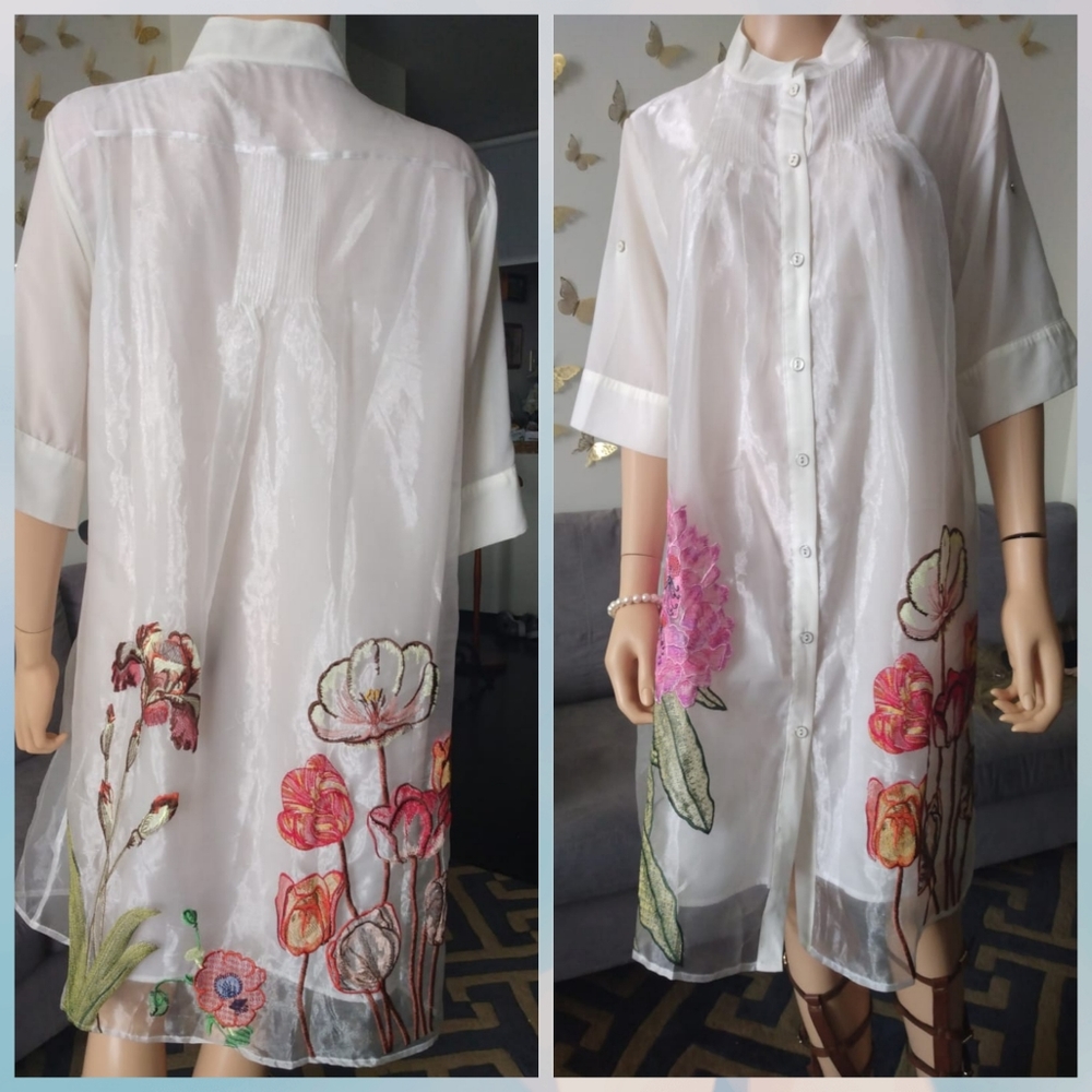 Stylewe White Shiny Chiffon Embroidered Dress L